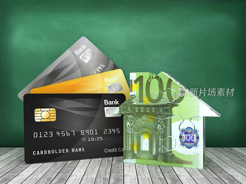 信用卡与欧洲拼图房子在黑板上- 3D渲染